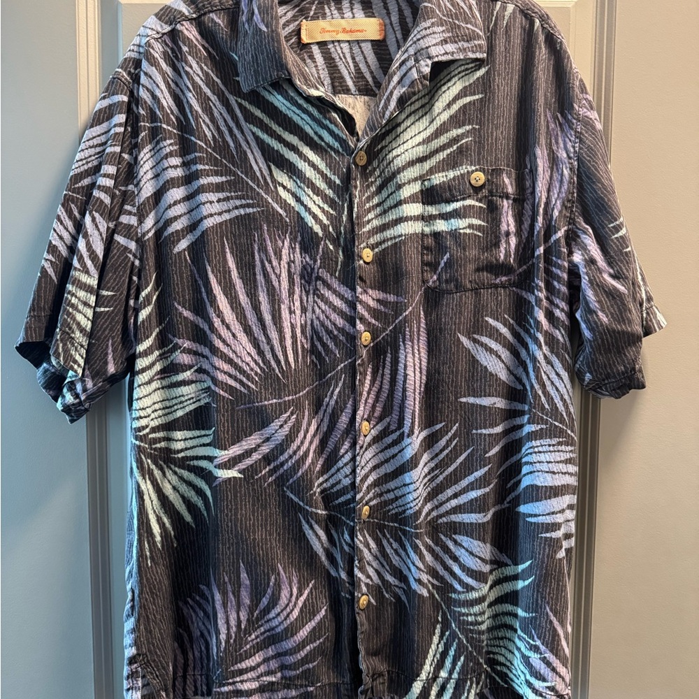 Tommy Bahama Black and Blue Leaf Print Shirt